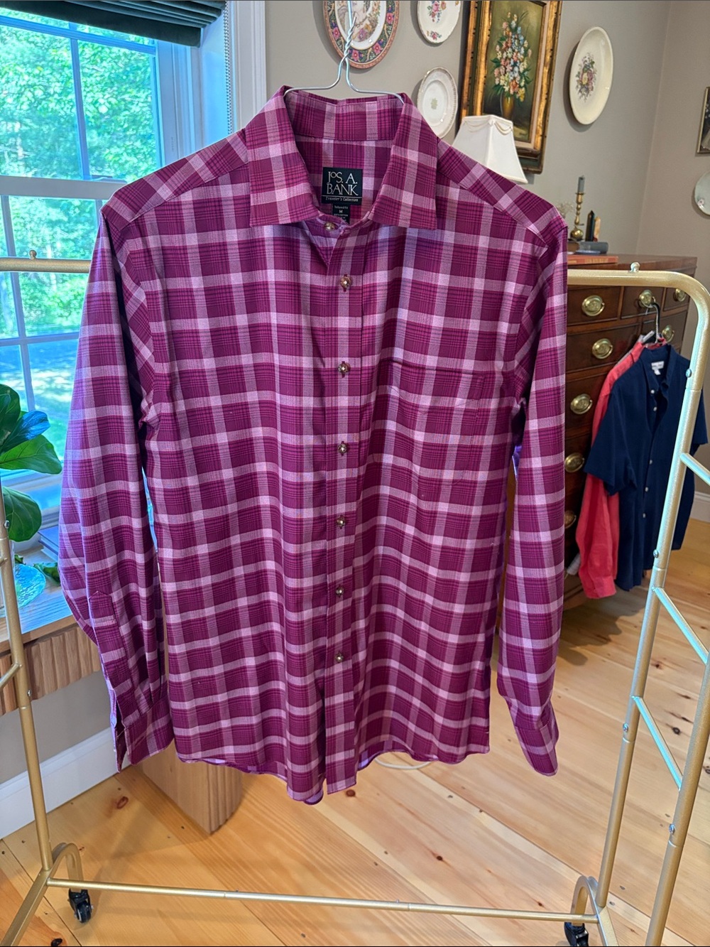 Jos. A. Bank Men's Magenta and White Plaid Button-Down Shirt